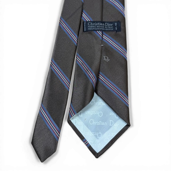 Christian Dior Mens Silk Blend Striped Tie Charcoal Grey Blue Burgundy Italy - Picture 3 of 7